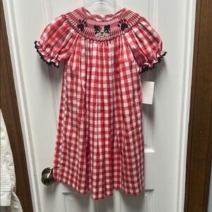 Red and White Gingham Dress with Puppy Embroidery